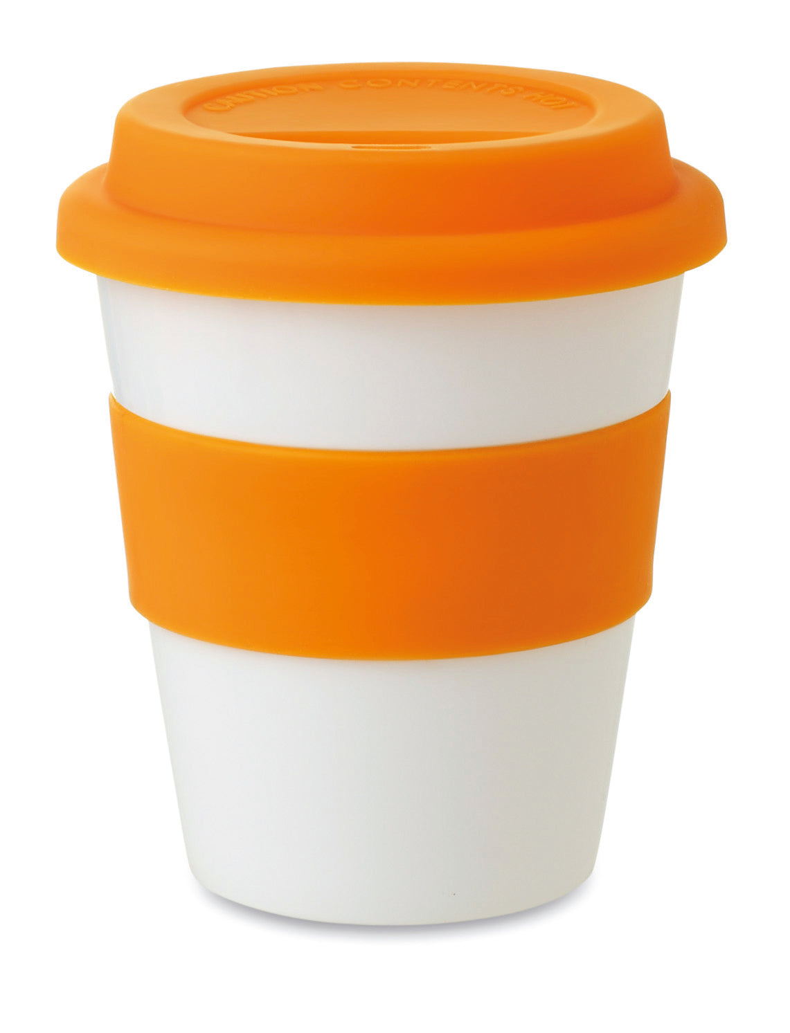 Einwandiger Becher aus glänzend weißem PP mit Silikon-Deckel und -Griff. Füllmenge: 350