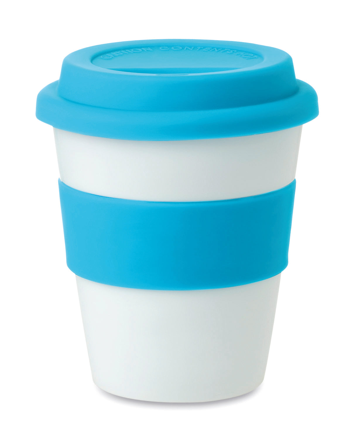 Einwandiger Becher aus glänzend weißem PP mit Silikon-Deckel und -Griff. Füllmenge: 350