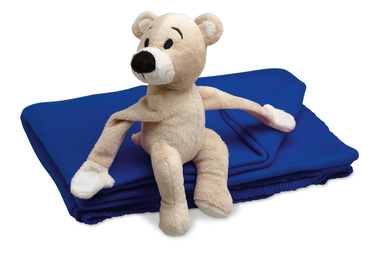 Kinder-Fleece-Decke Plüschbär. Der Bär hält die Decke fest im Arm (per Klettverschluss).