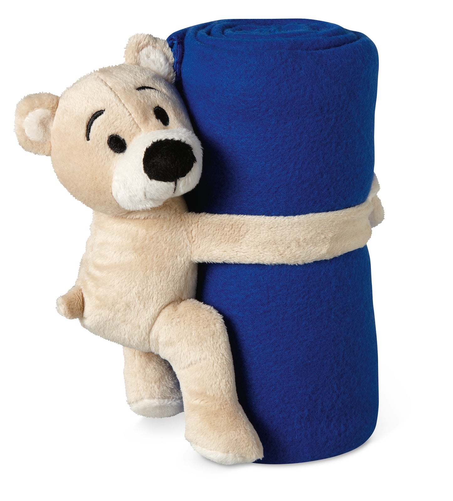Kinder-Fleece-Decke Plüschbär. Der Bär hält die Decke fest im Arm (per Klettverschluss).