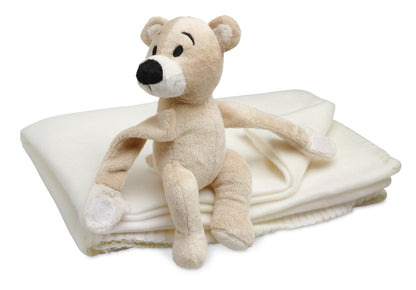 Kinder-Fleece-Decke Plüschbär. Der Bär hält die Decke fest im Arm (per Klettverschluss).