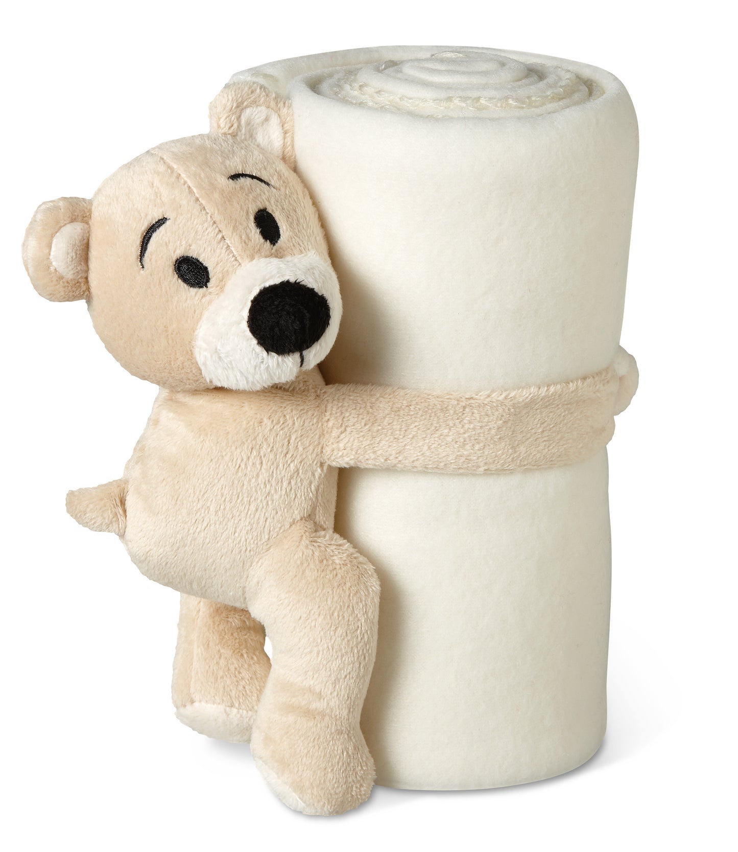 Kinder-Fleece-Decke Plüschbär. Der Bär hält die Decke fest im Arm (per Klettverschluss).