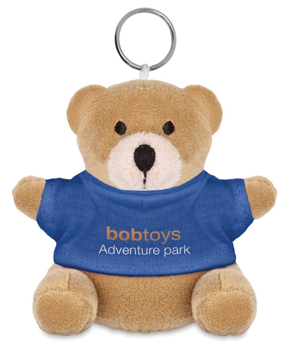 Schlüsselring mit Teddy-Bär. Der Bär trägt ein T-Shirt aus 100% Baumwolle. Ideal