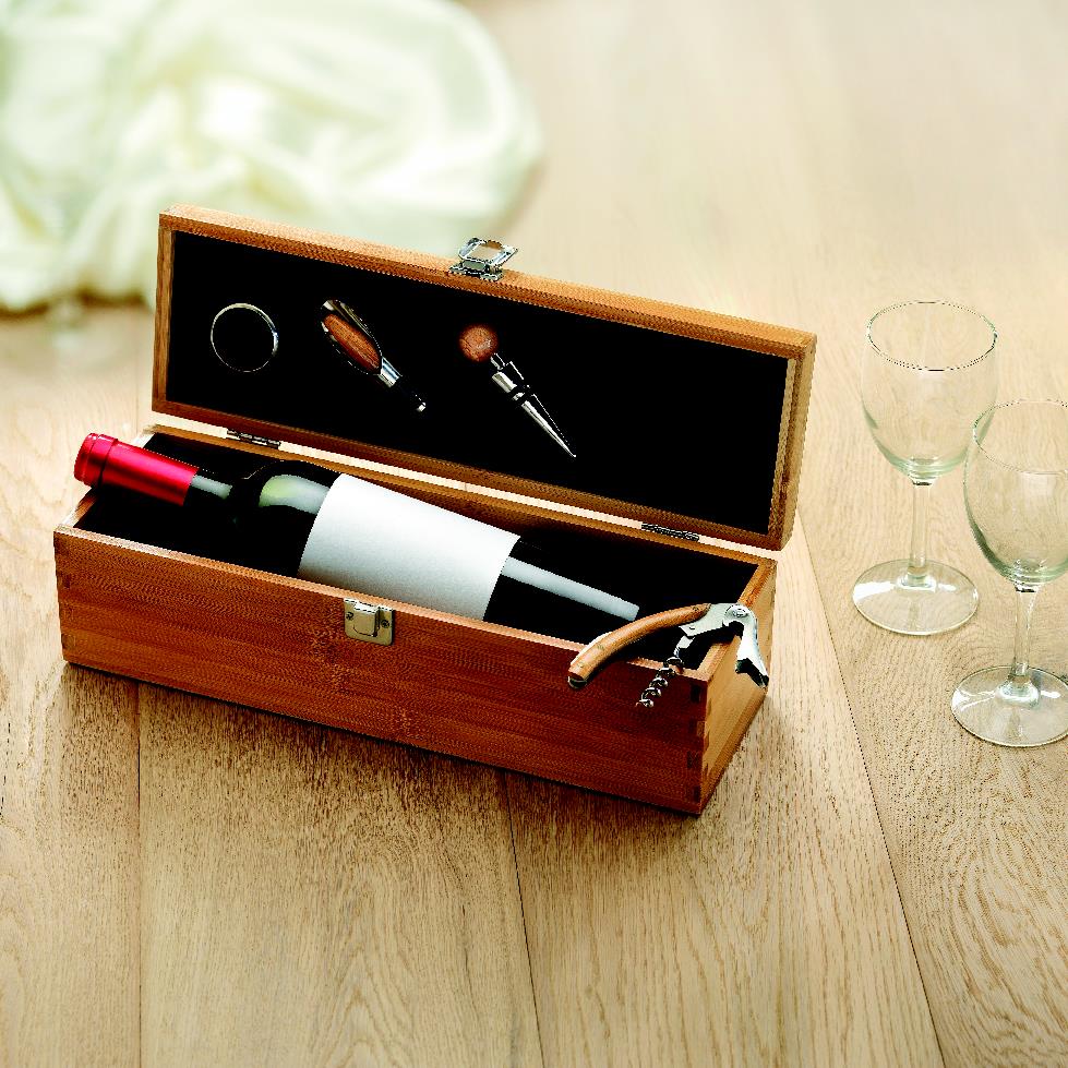 Wein-Set aus Bambus mit 4 Weinaccessoires: Kellnermesser Weinkragen Flaschenverschluss und Ausgießer. Exklusive