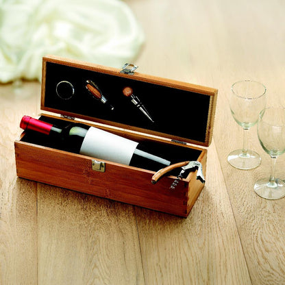 Wein-Set aus Bambus mit 4 Weinaccessoires: Kellnermesser Weinkragen Flaschenverschluss und Ausgießer. Exklusive