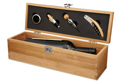 Wein-Set aus Bambus mit 4 Weinaccessoires: Kellnermesser Weinkragen Flaschenverschluss und Ausgießer. Exklusive