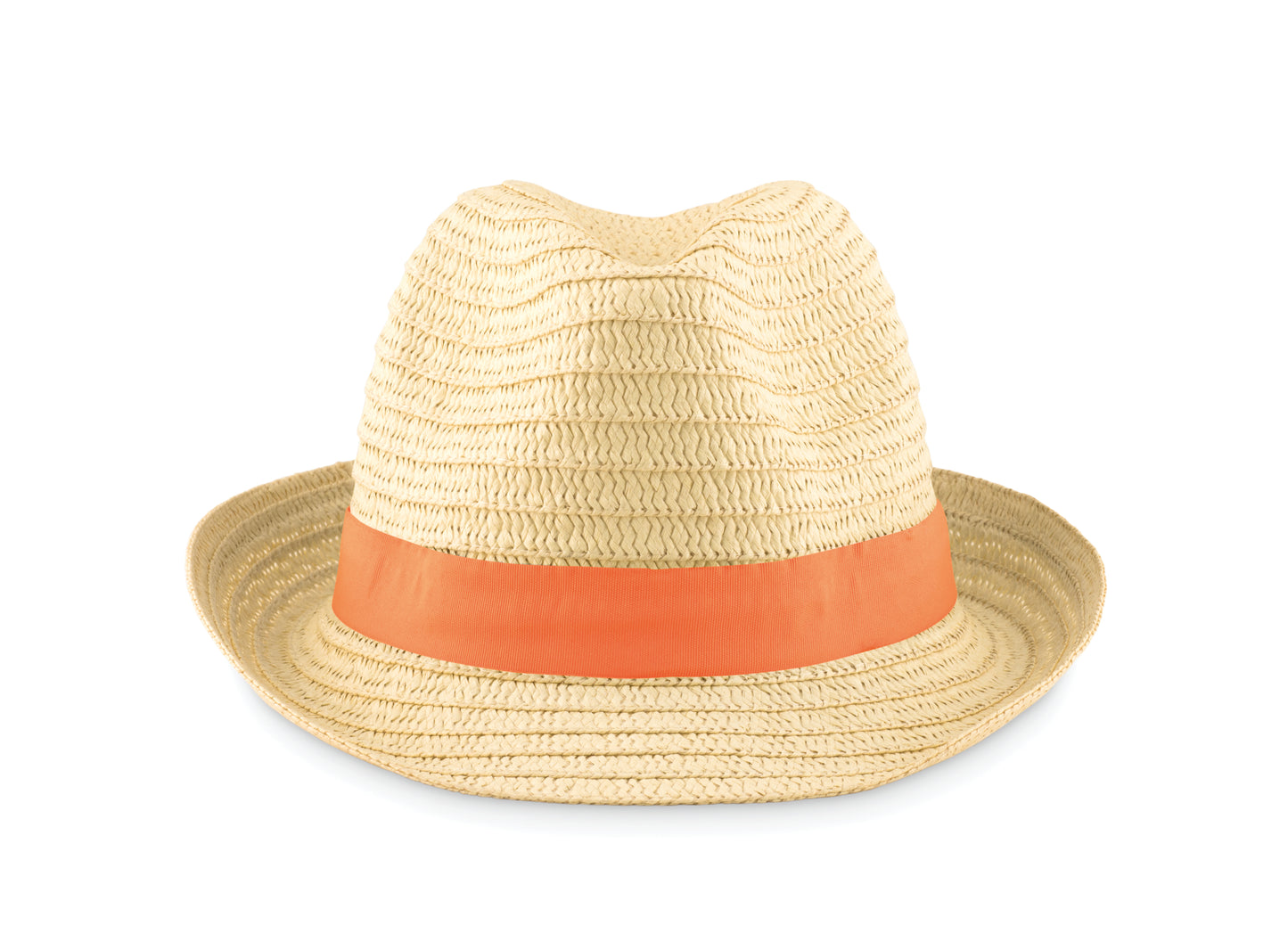 Hut aus Papierstroh im Natur-Look mit farbigem Polyester-Band. Bei Bestellungen ohne Werbeanbringung