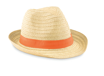 Hut aus Papierstroh im Natur-Look mit farbigem Polyester-Band. Bei Bestellungen ohne Werbeanbringung
