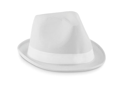 Farbiger Hut aus Polyester mit weißem Band. Bei Bestellungen ohne Werbeanbringung wird