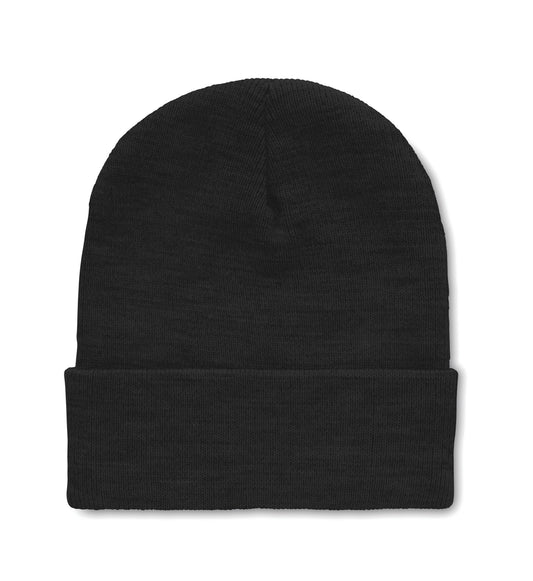 Gestrickte Beanie aus softem elastischem RPET Polyester. Mit Umschlag. Unisex.